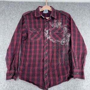 Uproar Kids Boys Red Black Plaid Graphic Crown Button Down Shirt Size L 14-16